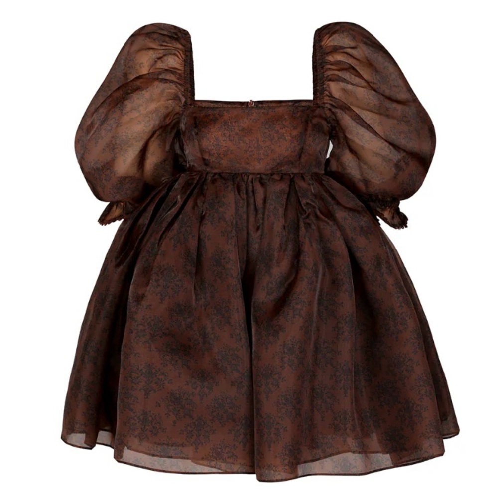 Selkie Brown Puff-Sleeve Mini Dress with Sheer Organza Overlay